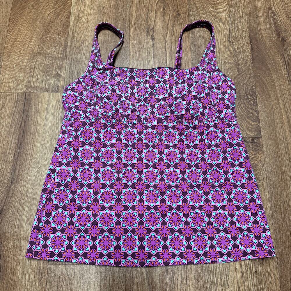 Lands End Womens Purple Medallion Babydoll Tankini Swim Top Underwire Size 8